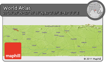 Physical Panoramic Map of the Area around 21° 53' 23" N, 82° 31' 30" E