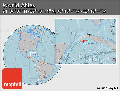 Gray Location Map of the Area around 21° 53' 23" N, 83° 13' 29" W, hill shading
