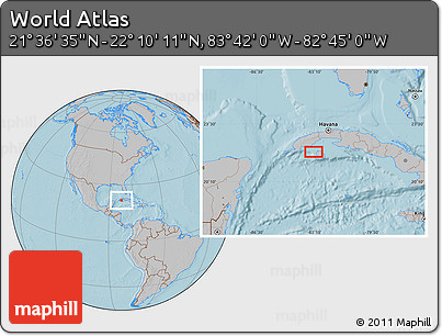 Gray Location Map of the Area around 21° 53' 23" N, 83° 13' 29" W, hill shading