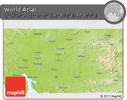 Physical 3D Map of the Area around 21° 53' 23" N, 84° 13' 29" E