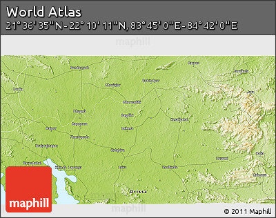 Physical 3D Map of the Area around 21° 53' 23" N, 84° 13' 29" E