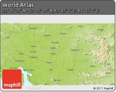 Physical 3D Map of the Area around 21° 53' 23" N, 84° 13' 29" E