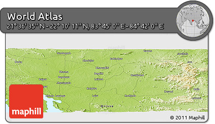 Physical Panoramic Map of the Area around 21° 53' 23" N, 84° 13' 29" E