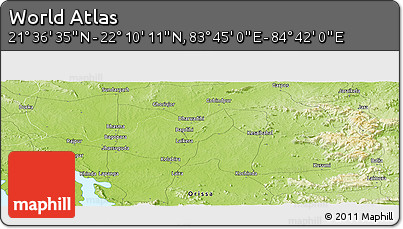 Physical Panoramic Map of the Area around 21° 53' 23" N, 84° 13' 29" E