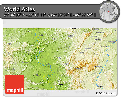 Physical 3D Map of the Area around 21° 53' 23" N, 85° 4' 29" E