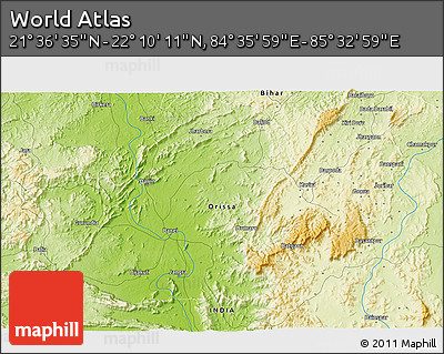 Physical 3D Map of the Area around 21° 53' 23" N, 85° 4' 29" E