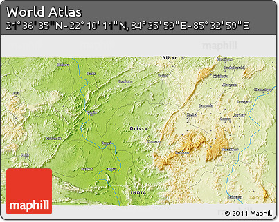 Physical 3D Map of the Area around 21° 53' 23" N, 85° 4' 29" E