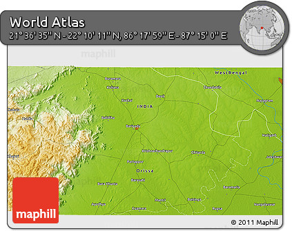 Physical 3D Map of the Area around 21° 53' 23" N, 86° 46' 30" E