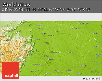 Physical 3D Map of the Area around 21° 53' 23" N, 86° 46' 30" E