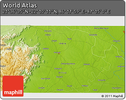 Physical 3D Map of the Area around 21° 53' 23" N, 86° 46' 30" E