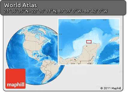 Shaded Relief Location Map of the Area around 21° 53' 23" N, 89° 10' 30" W