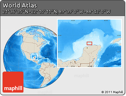 Shaded Relief Location Map of the Area around 21° 53' 23" N, 89° 10' 30" W