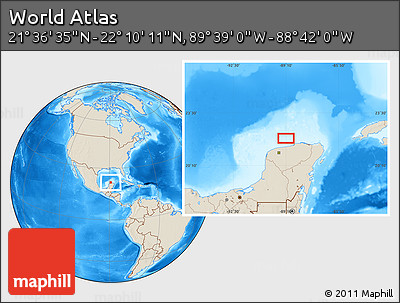 Shaded Relief Location Map of the Area around 21° 53' 23" N, 89° 10' 30" W