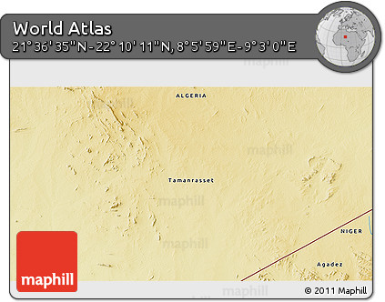 Physical 3D Map of the Area around 21° 53' 23" N, 8° 34' 29" E