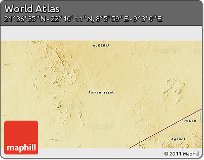 Physical 3D Map of the Area around 21° 53' 23" N, 8° 34' 29" E