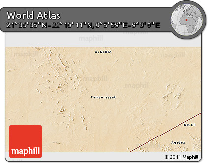 Satellite 3D Map of the Area around 21° 53' 23" N, 8° 34' 29" E