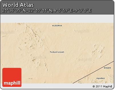 Satellite 3D Map of the Area around 21° 53' 23" N, 8° 34' 29" E