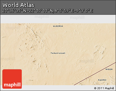 Satellite 3D Map of the Area around 21° 53' 23" N, 8° 34' 29" E