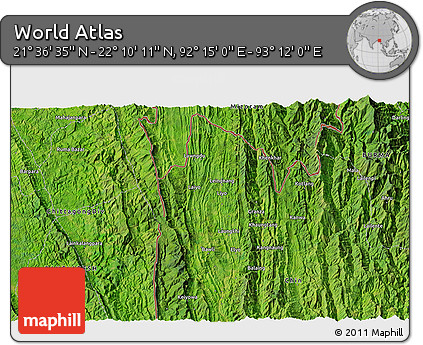 Satellite 3D Map of the Area around 21° 53' 23" N, 92° 43' 29" E
