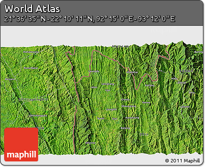 Satellite 3D Map of the Area around 21° 53' 23" N, 92° 43' 29" E