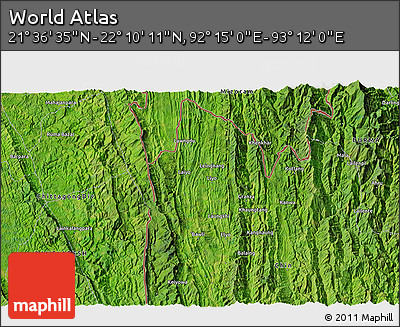Satellite 3D Map of the Area around 21° 53' 23" N, 92° 43' 29" E