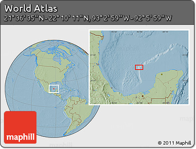 Savanna Style Location Map of the Area around 21° 53' 23" N, 92° 34' 29" W, hill shading