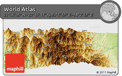 Physical Panoramic Map of the Area around 21° 53' 23" N, 93° 34' 29" E