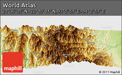 Physical Panoramic Map of the Area around 21° 53' 23" N, 93° 34' 29" E