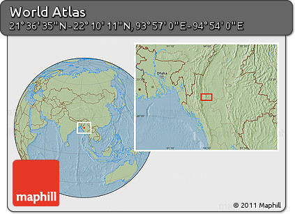 Savanna Style Location Map of the Area around 21° 53' 23" N, 94° 25' 30" E, hill shading