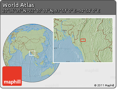 Savanna Style Location Map of the Area around 21° 53' 23" N, 94° 25' 30" E, hill shading