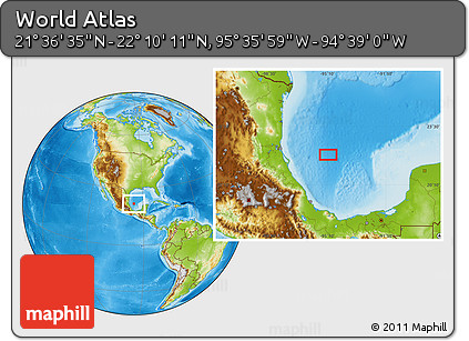 Physical Location Map of the Area around 21° 53' 23" N, 95° 7' 30" W