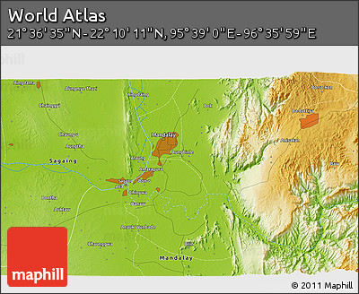 Physical 3D Map of the Area around 21° 53' 23" N, 96° 7' 30" E