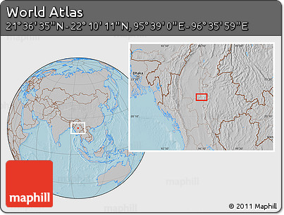 Gray Location Map of the Area around 21° 53' 23" N, 96° 7' 30" E, hill shading