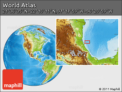 Physical Location Map of the Area around 21° 53' 23" N, 96° 49' 29" W