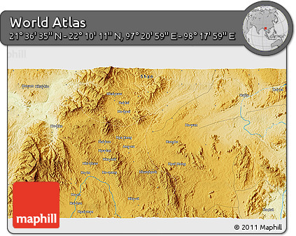 Physical 3D Map of the Area around 21° 53' 23" N, 97° 49' 29" E