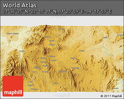 Physical 3D Map of the Area around 21° 53' 23" N, 97° 49' 29" E
