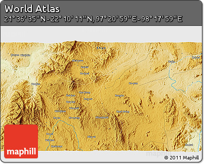 Physical 3D Map of the Area around 21° 53' 23" N, 97° 49' 29" E