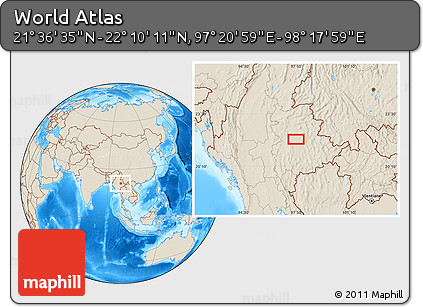 Shaded Relief Location Map of the Area around 21° 53' 23" N, 97° 49' 29" E