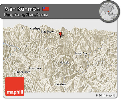 Shaded Relief Panoramic Map of Mān Kūnmōn