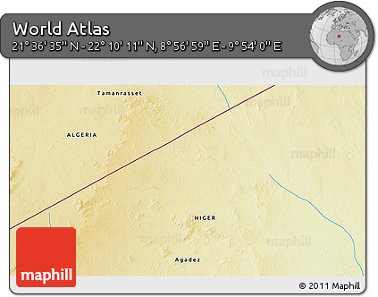 Physical 3D Map of the Area around 21° 53' 23" N, 9° 25' 30" E