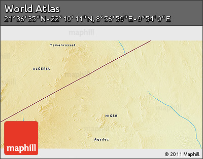 Physical 3D Map of the Area around 21° 53' 23" N, 9° 25' 30" E