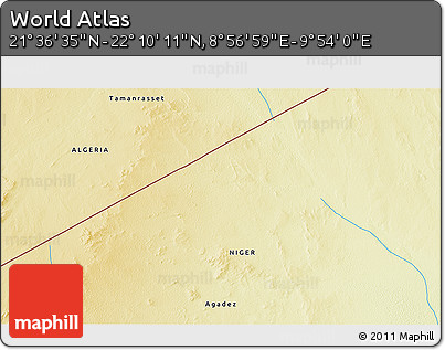 Physical 3D Map of the Area around 21° 53' 23" N, 9° 25' 30" E
