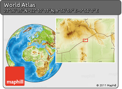 Physical Location Map of the Area around 21° 53' 23" N, 9° 25' 30" E