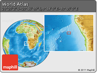 Physical Location Map of the Area around 21° 3' 11" S, 10° 16' 30" E