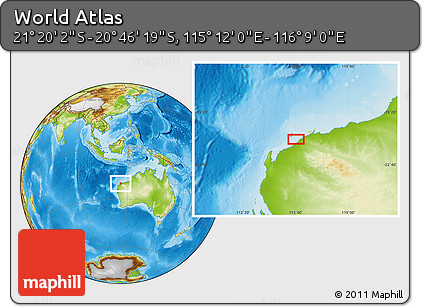 Physical Location Map of the Area around 21° 3' 11" S, 115° 40' 30" E