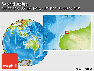Physical Location Map of the Area around 21° 3' 11" S, 115° 40' 30" E
