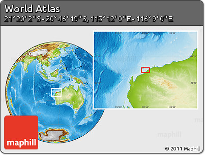 Physical Location Map of the Area around 21° 3' 11" S, 115° 40' 30" E