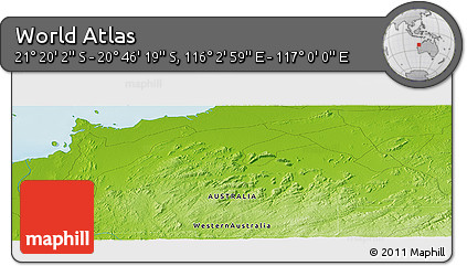 Physical Panoramic Map of the Area around 21° 3' 11" S, 116° 31' 30" E