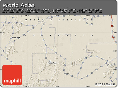 Shaded Relief Map of the Area around 21° 3' 11" S, 118° 13' 29" E