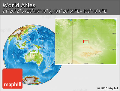 Physical Location Map of the Area around 21° 3' 11" S, 131° 49' 29" E
